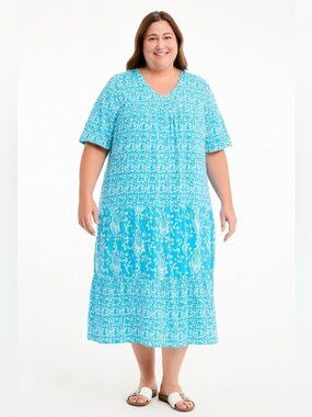 EUC The Vermont Country Store Women’s Tiered Short Sleeve Muumuu in Aqua sz 2X